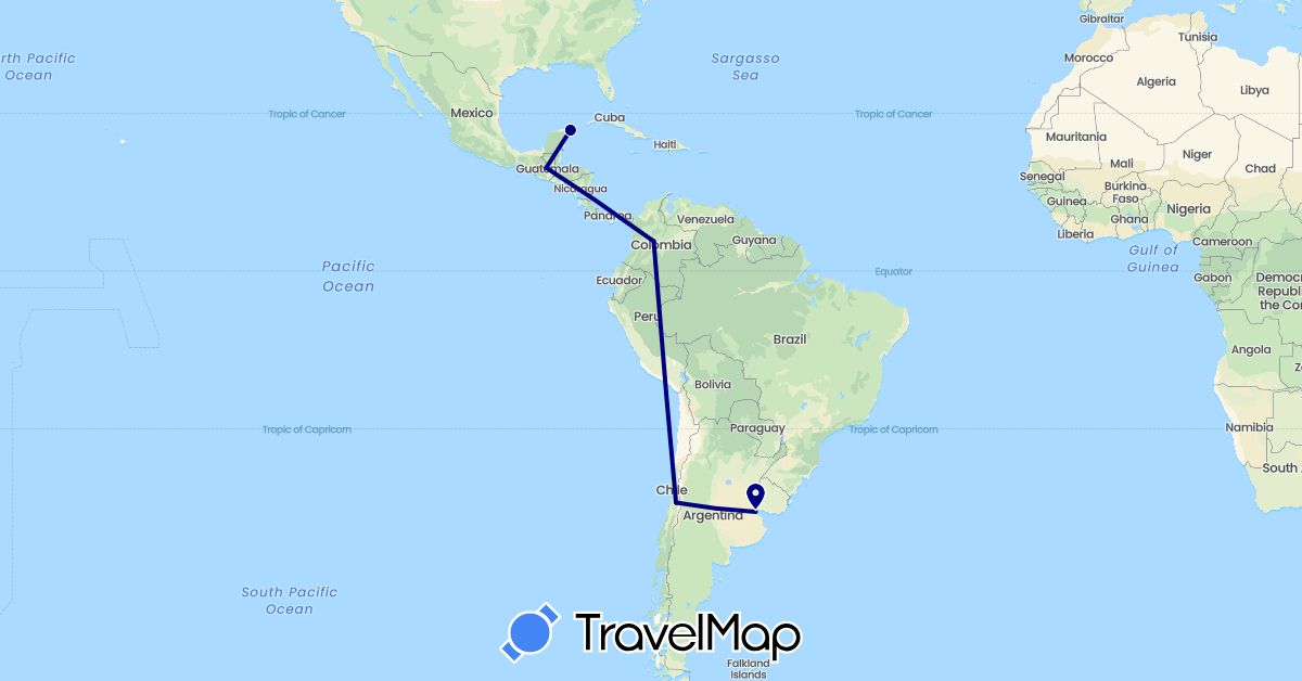 TravelMap itinerary: driving in Argentina, Chile, Colombia, Guatemala, Mexico (North America, South America)